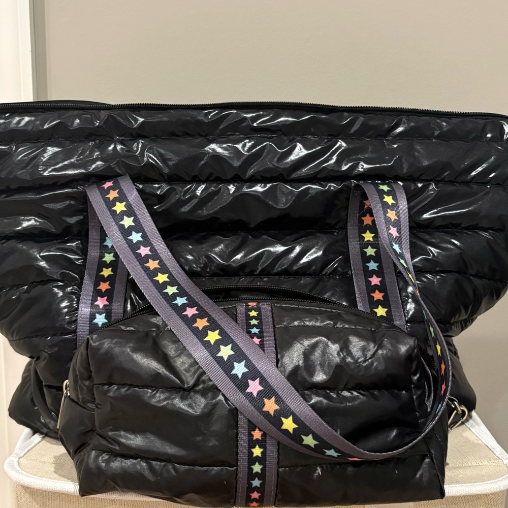 Black Quilted Crossbody Bag with Star-Pattern Strap